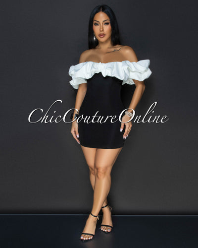 Cassana Black Off-White Ruffle Top Mini Dress