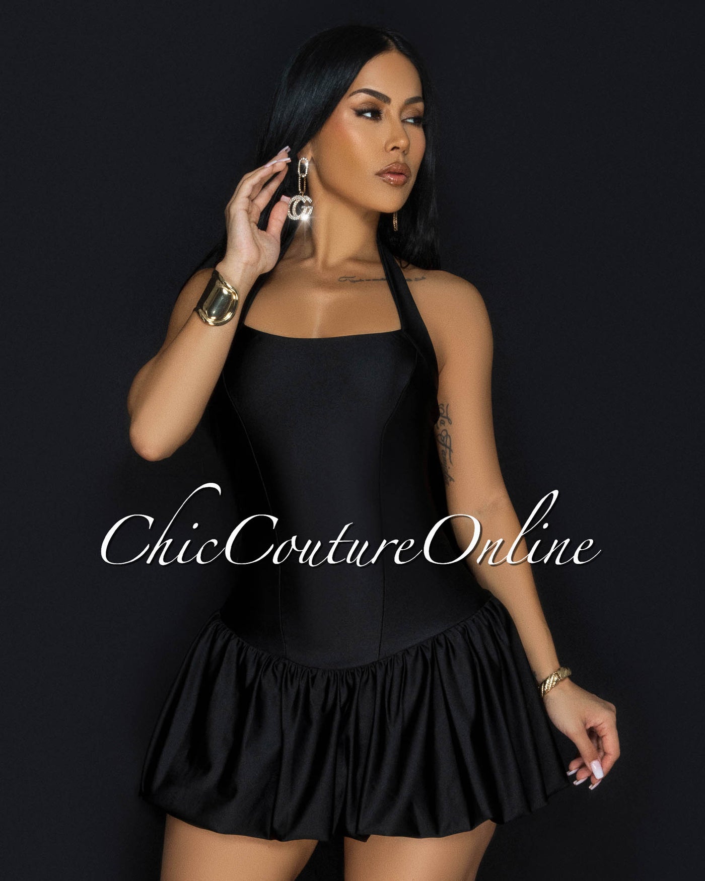 Goya Black Bubble Mini Halter Dress