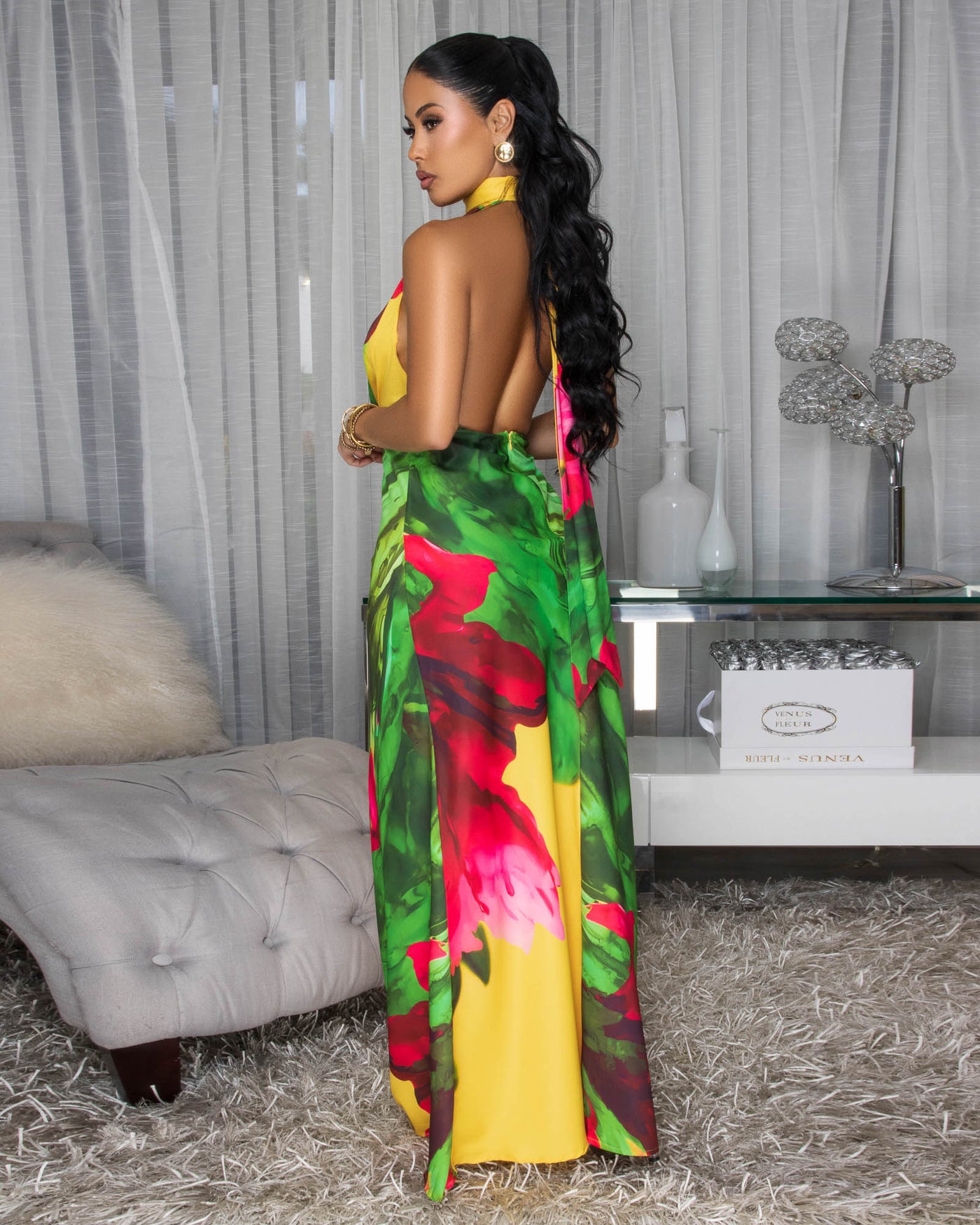 Nylah Yellow Green Bold Multi-Color Halter Maxi Dress