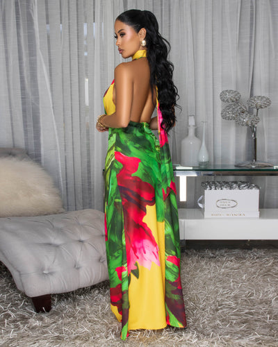 Nylah Yellow Green Bold Multi-Color Halter Maxi Dress