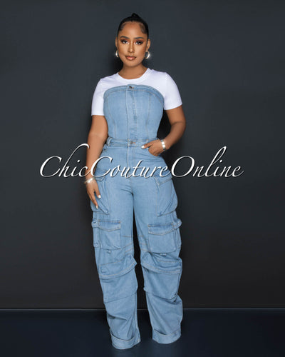 Antoine Light Denim Strapless Cargo Jumpsuit