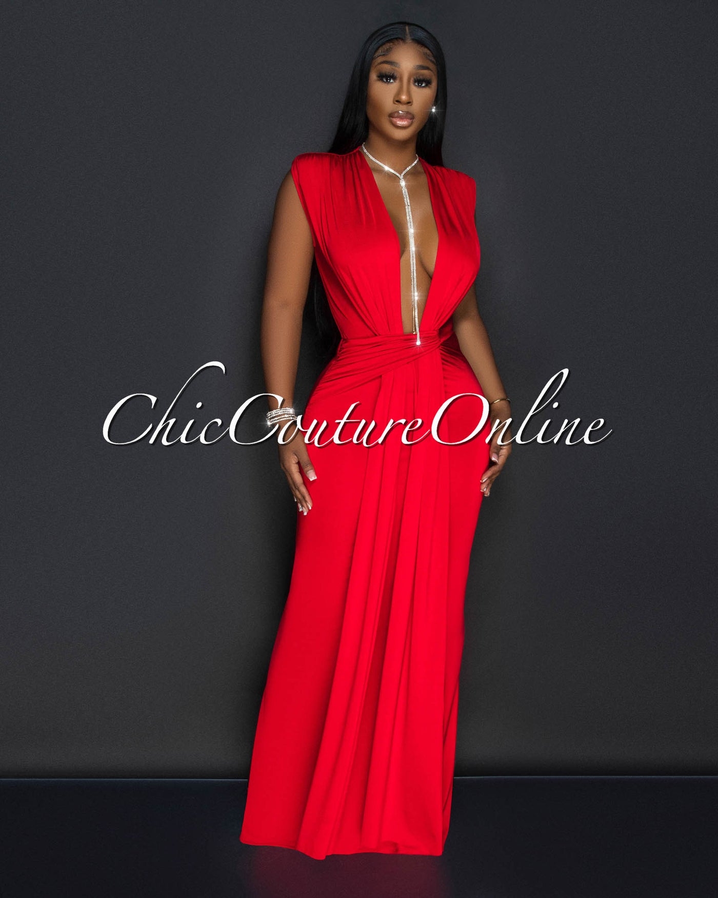 Alea Red Sleeveless Deep V Neck Maxi Dress