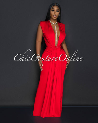 Alea Red Sleeveless Deep V Neck Maxi Dress