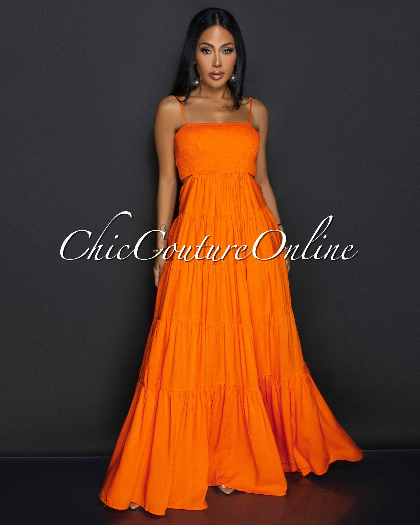 Kiri Orange Smocked Top Cut Out Ruffle Maxi Dress