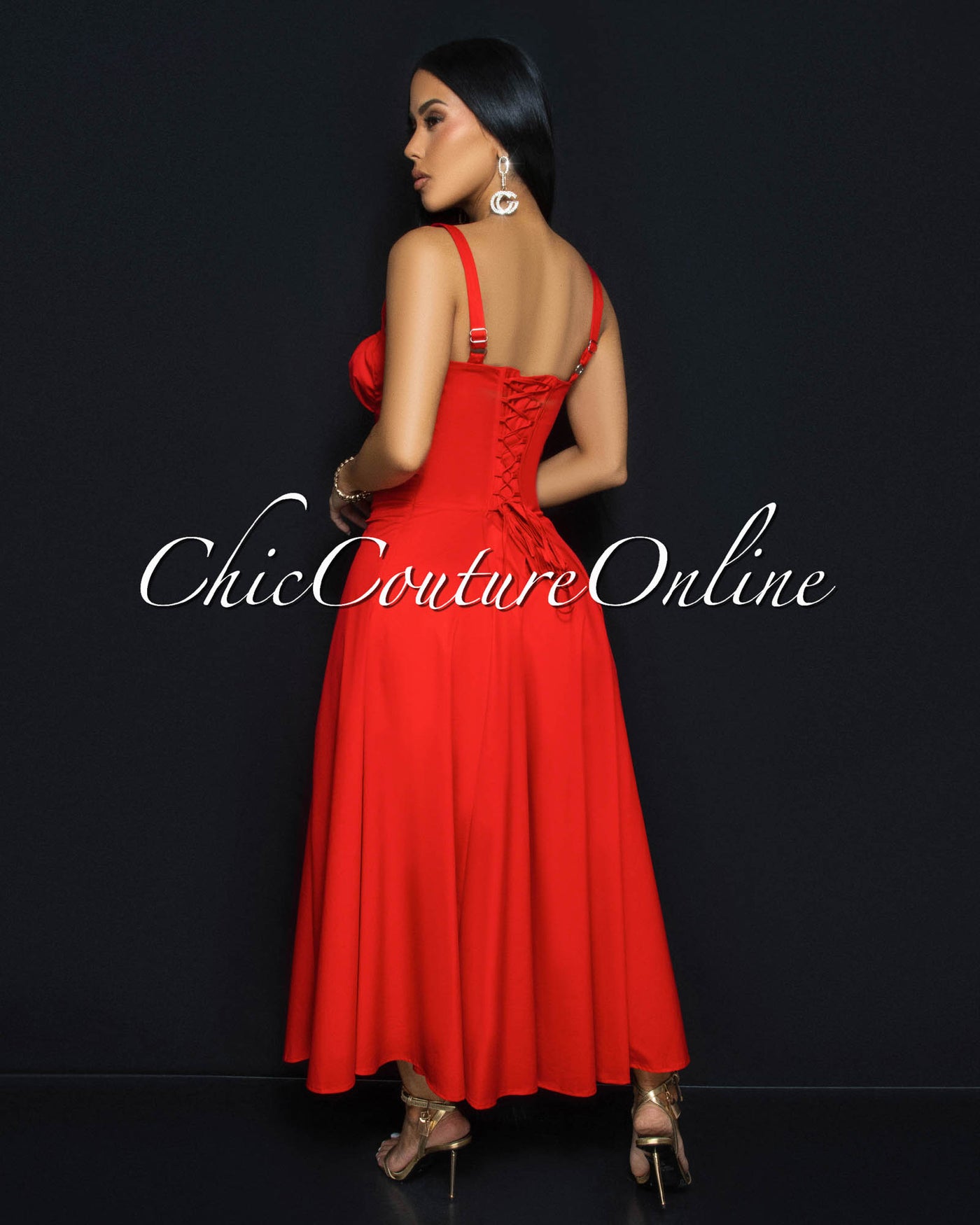 Landon Red Sweetheart Corset Midi Dress