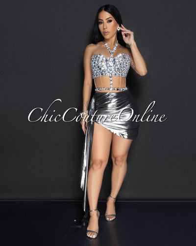 Kaeli Silver Rhinestones Bustier & Draped Skirt Set