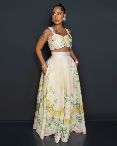 *Lonnieh Beige Floral Print Crop Top & Maxi Skirt Set