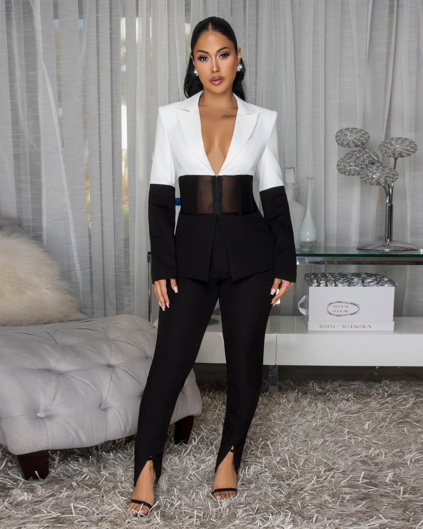 Tasha White Black Color-Block Jacket & Pants Set
