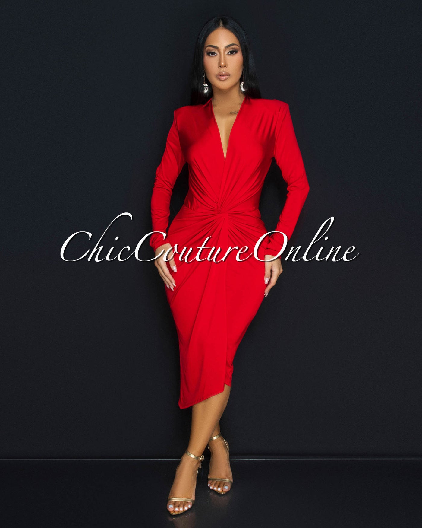 Milady Red Ruched Design Midi Dress