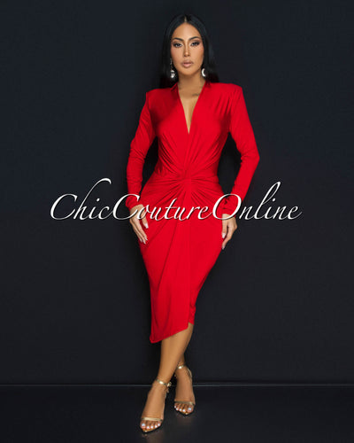 Milady Red Ruched Design Midi Dress