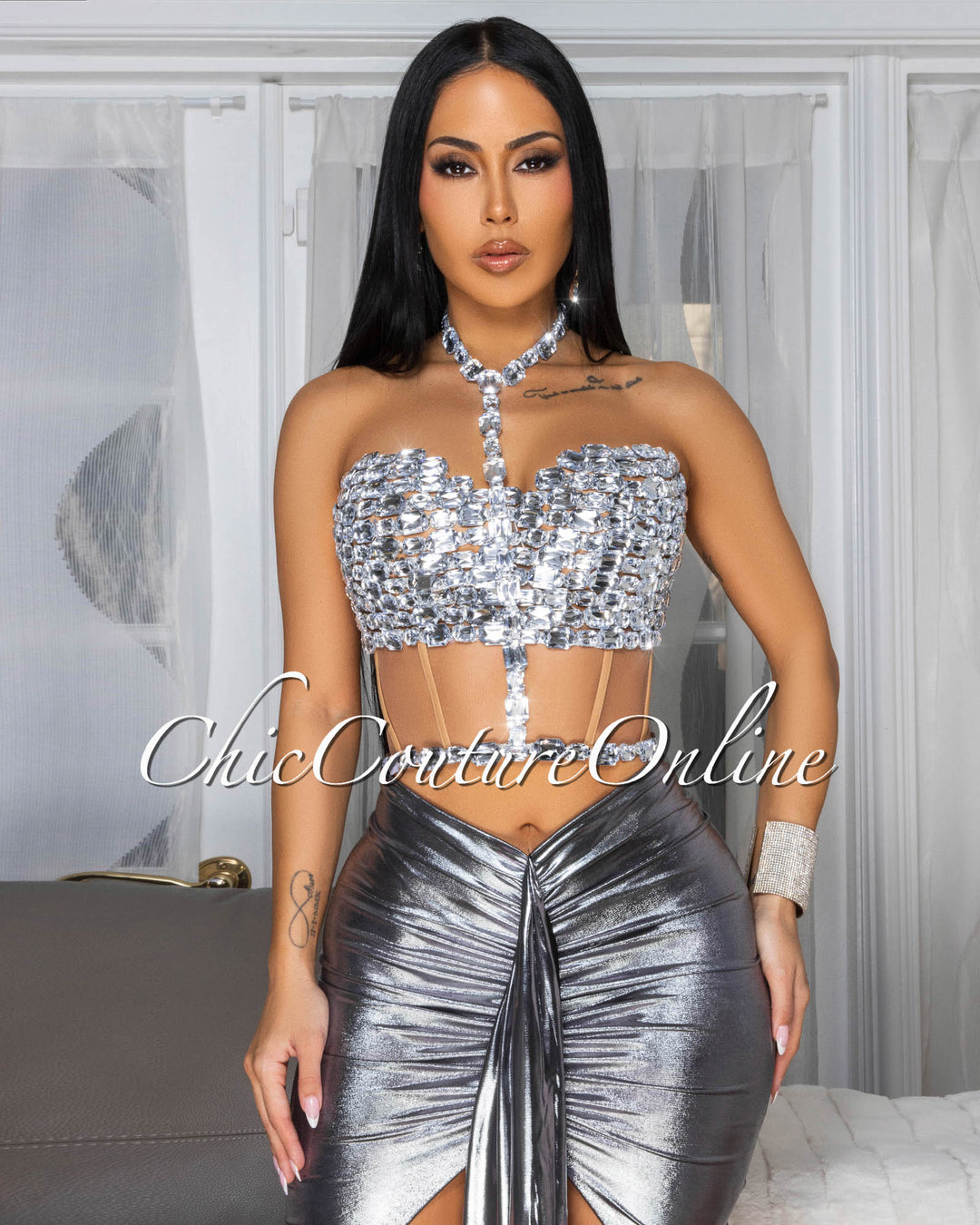 Kaeli Silver Rhinestones Bustier & Draped Skirt Set – Chic Couture