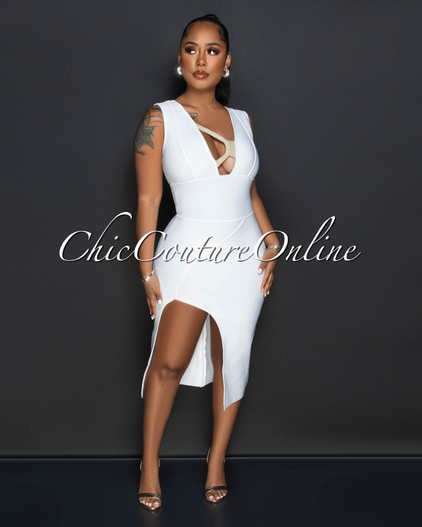 Carlotta Off-White Gold Bust Accent Bandage Midi Dress