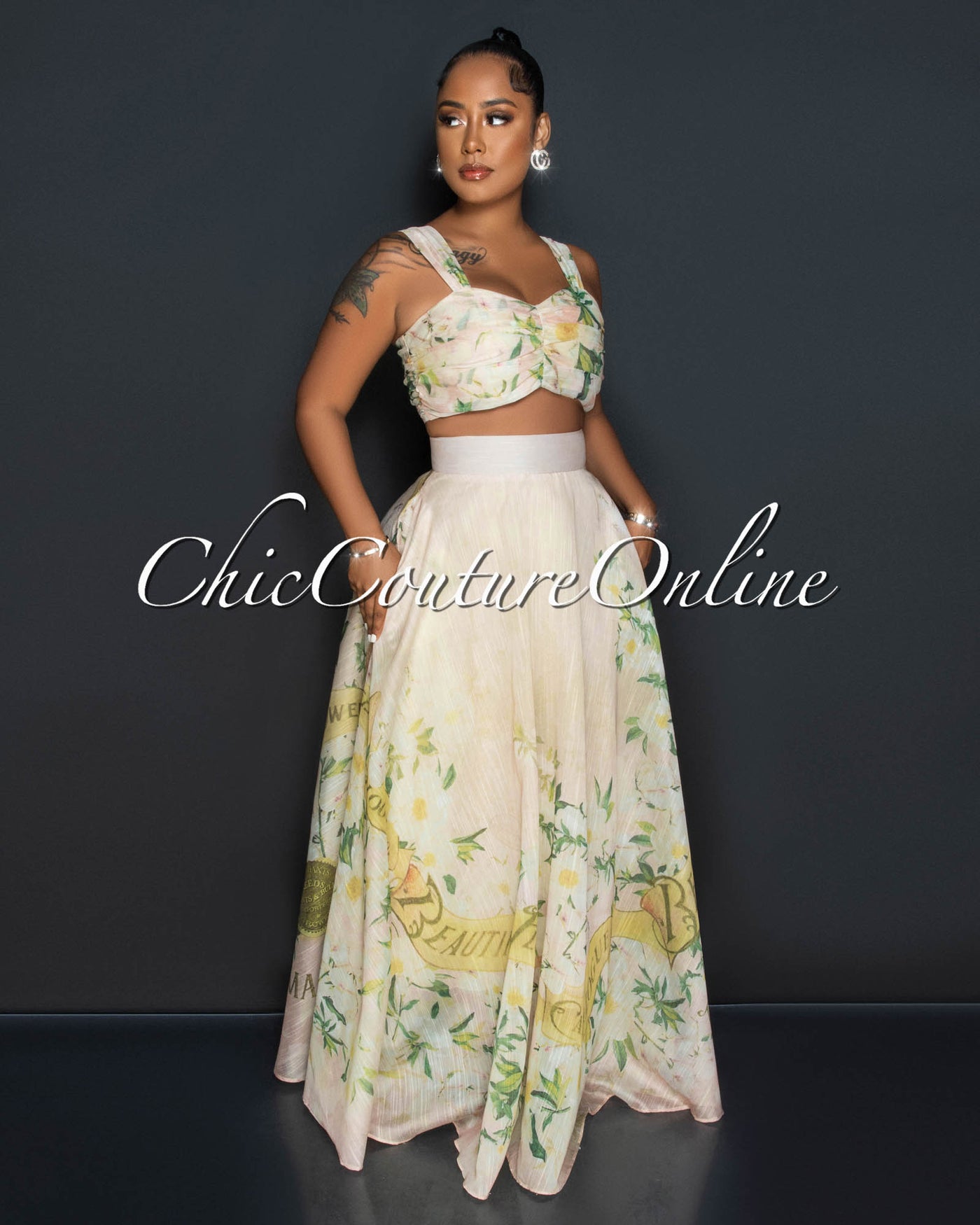 Lonnie Beige Floral Print Crop Top & Maxi Skirt Set