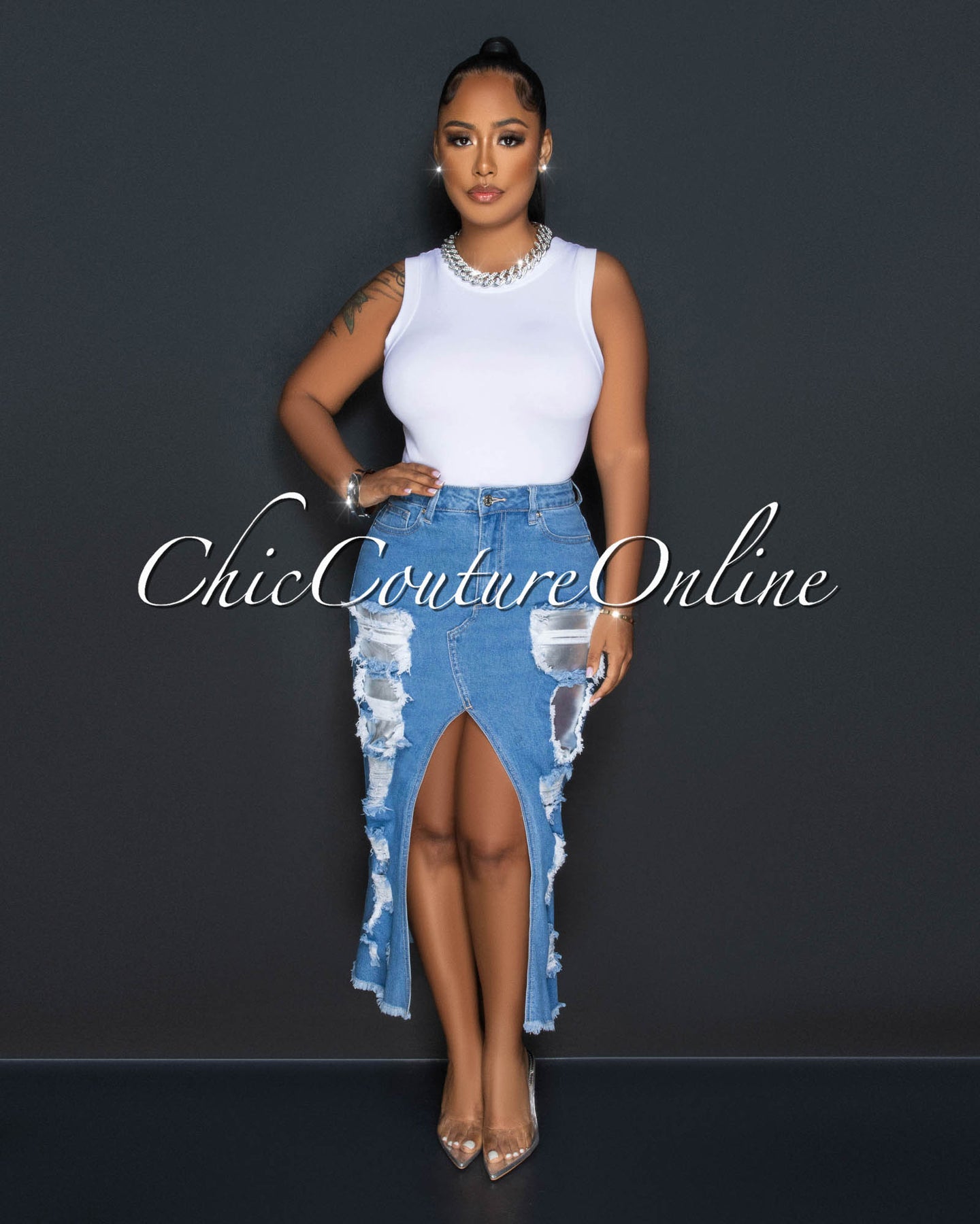 *Raquel Medium Blue Distressed Accent Midi Skirt