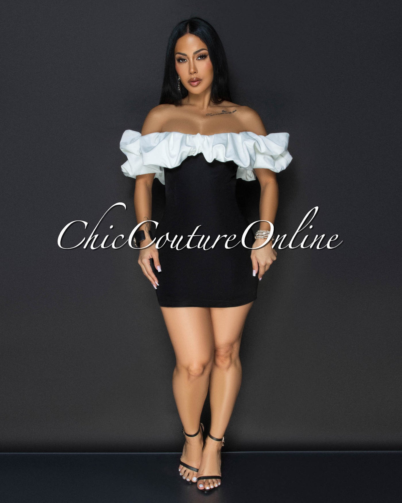 Cassana Black Off-White Ruffle Top Mini Dress