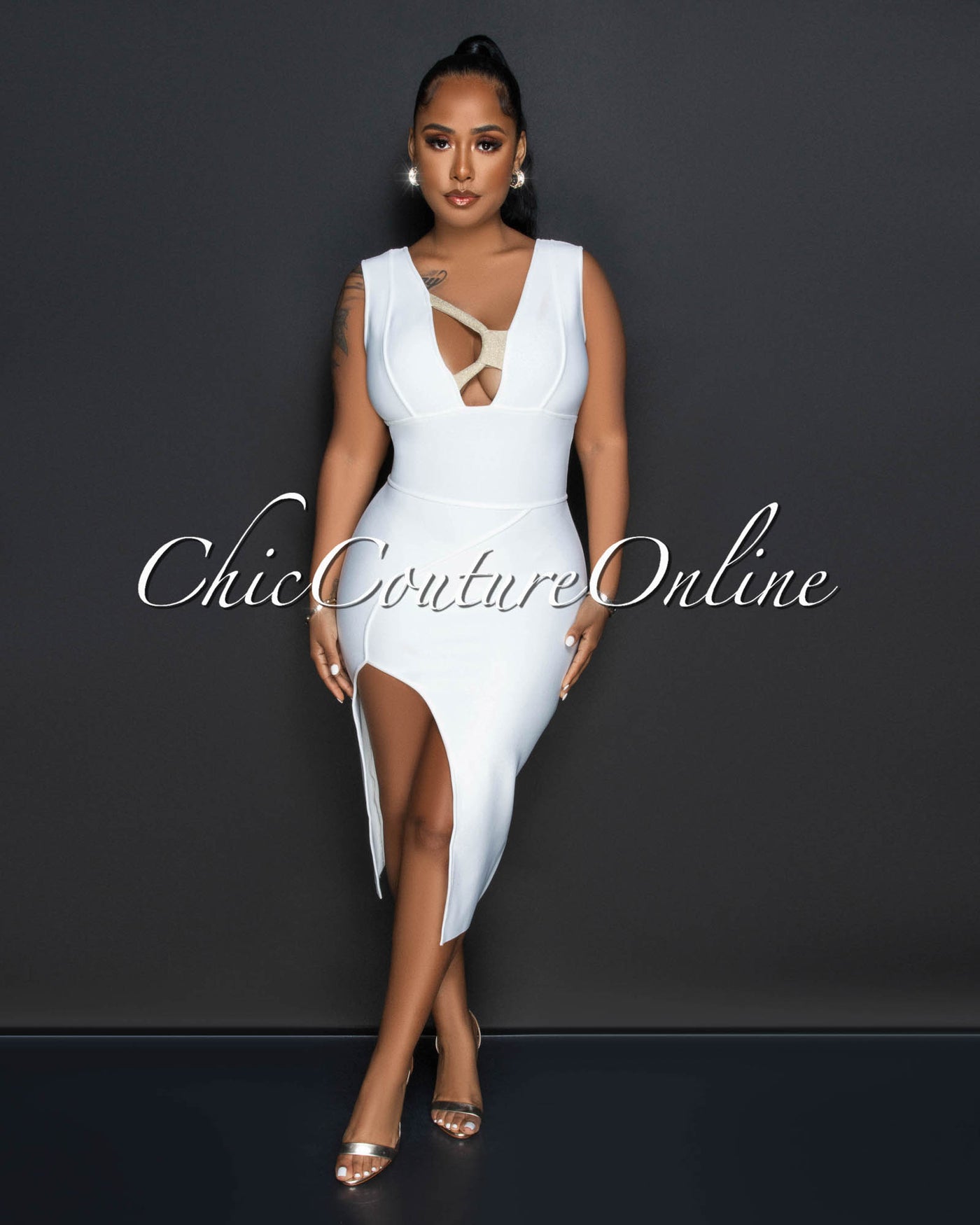 *Carlotta Off-White Gold Bust Accent Bandage Midi Dress