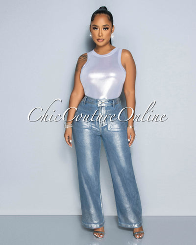 Laida Blue Denim Silver Foil Wide Jeans