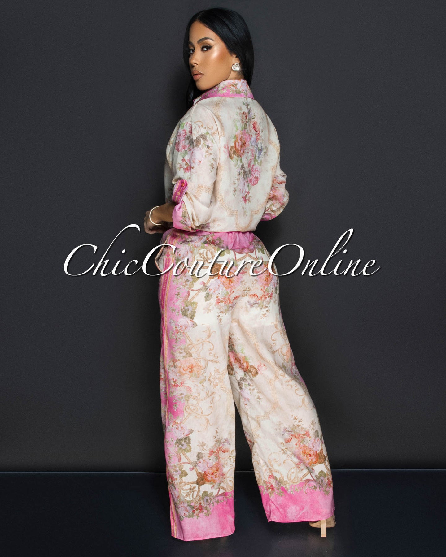 Lovena Pink Floral Collared Shirt & Wide Capri Pants Set