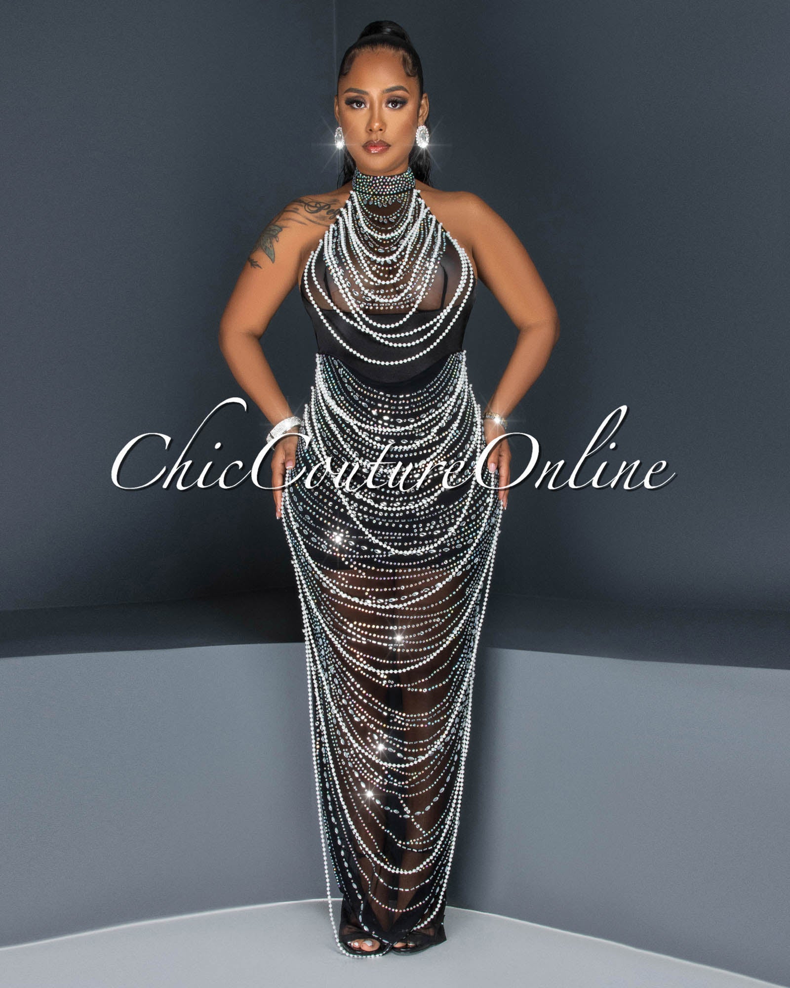 Mirian Black Mesh Rhinestones & Pearls Maxi Dress