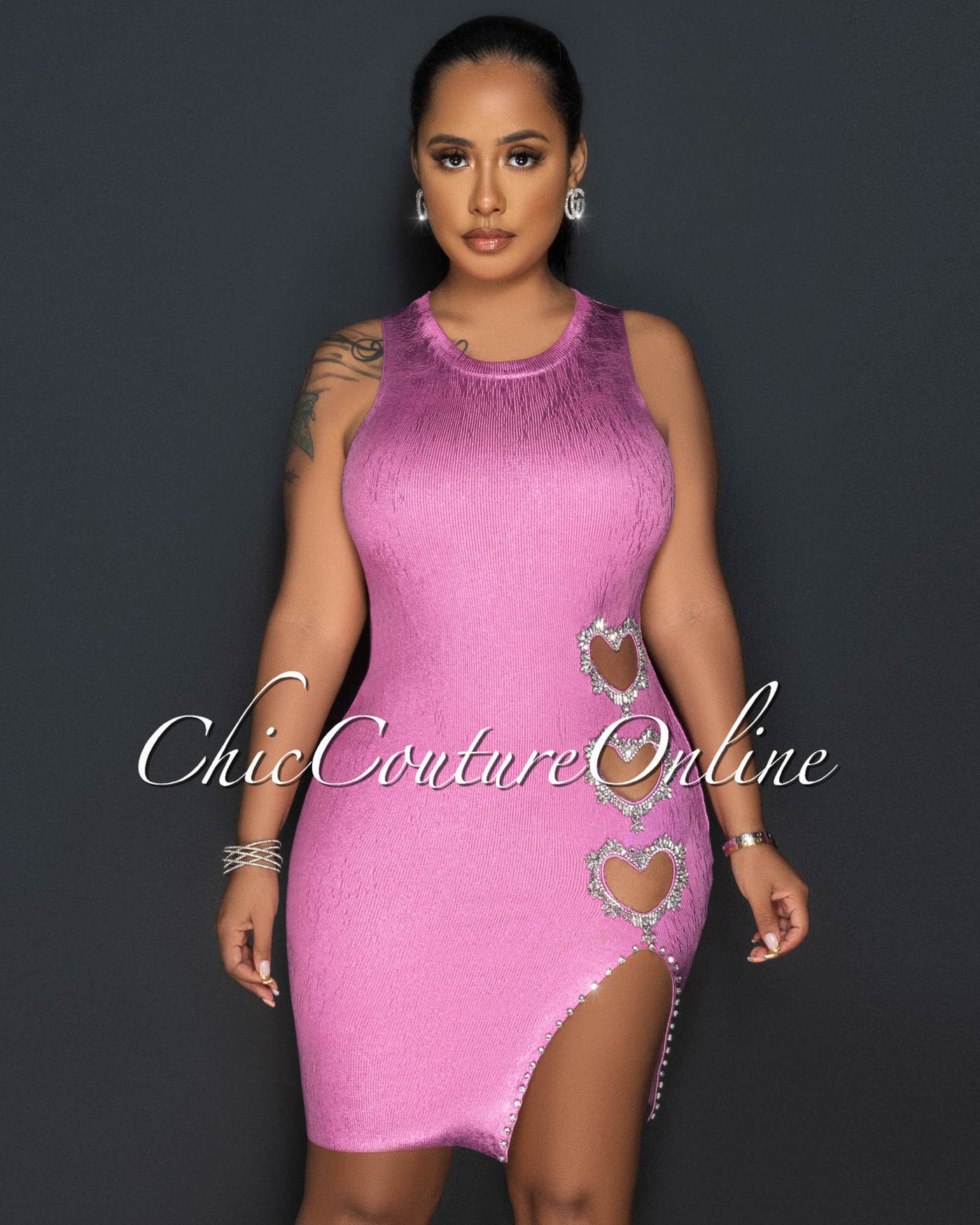 Hassana Pink Shimmer Rhinestones Hearts Mini Dress