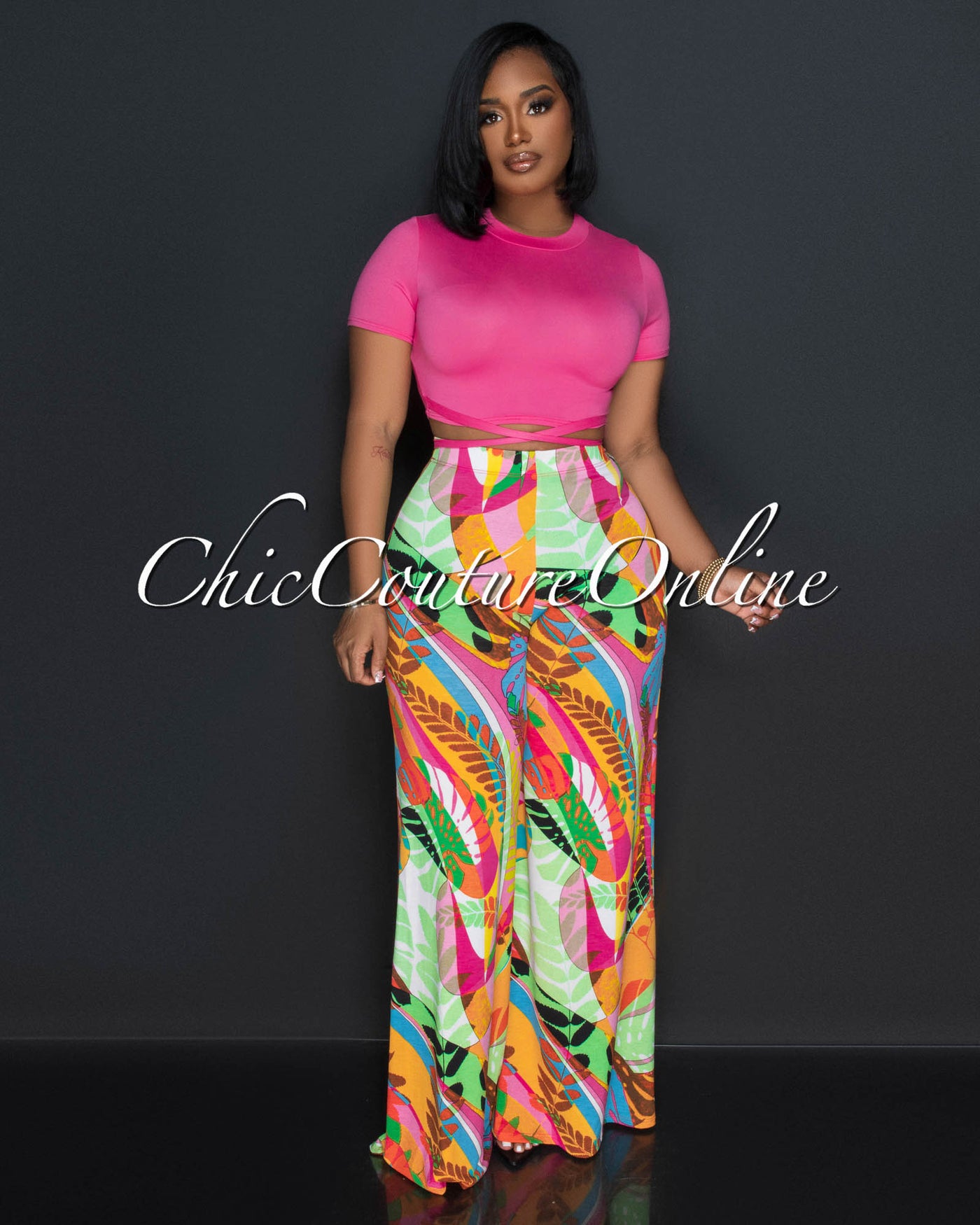 Maxine Fuchsia Crop Top & Multi-Color Print Wide Pants Set