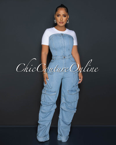 Antoine Light Denim Strapless Cargo Jumpsuit