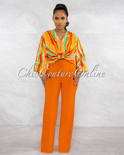 *Darizza Orange Multi-Color Print Front Knot Crop Blouse