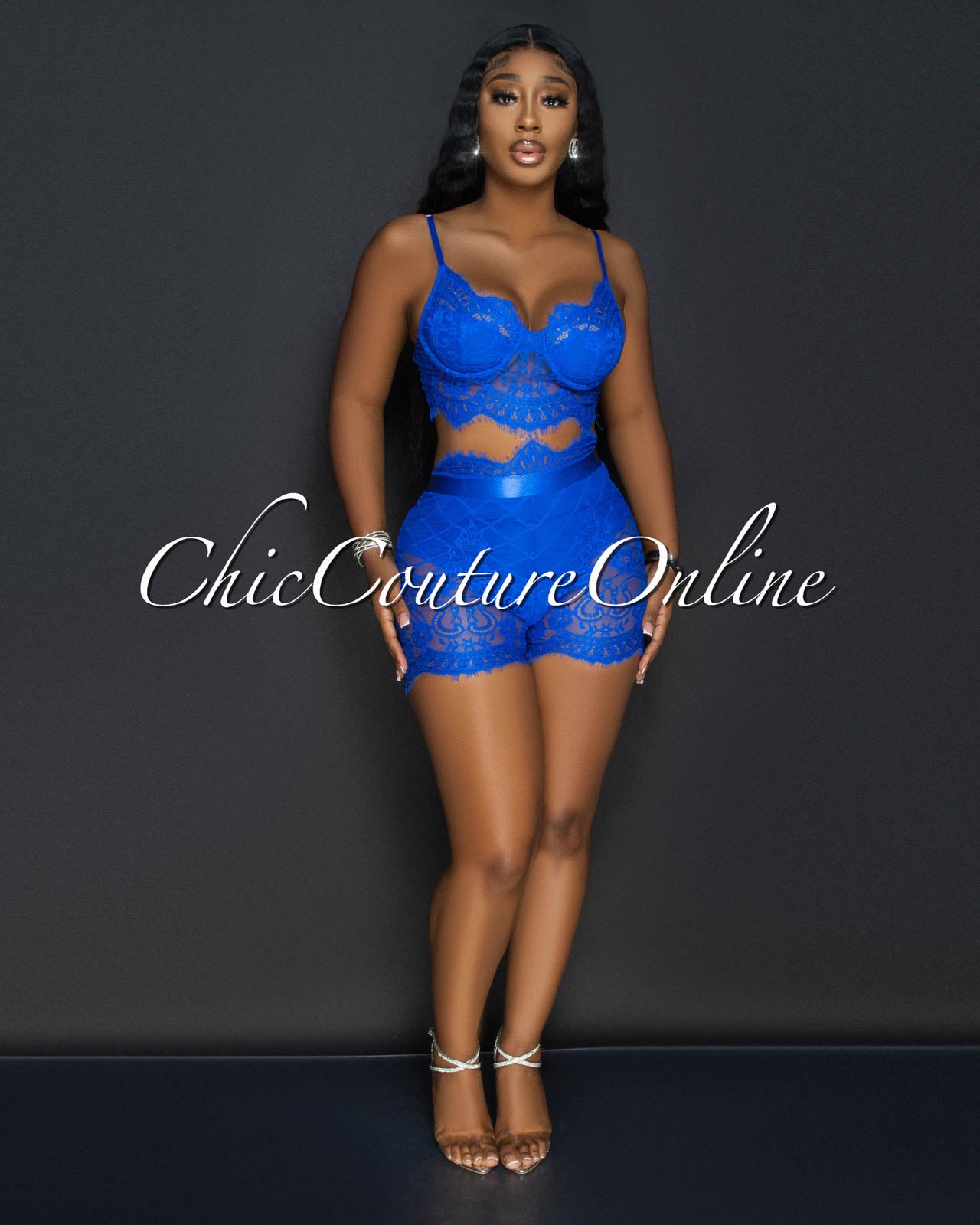 Essien Cobalt Blue Black Lace Bustier & Shorts Set