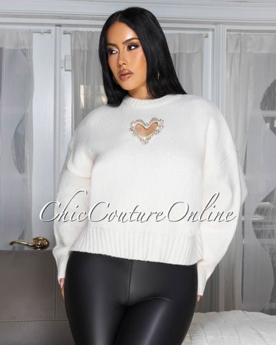 Melika Off-White Rhinestone Heart Sweater