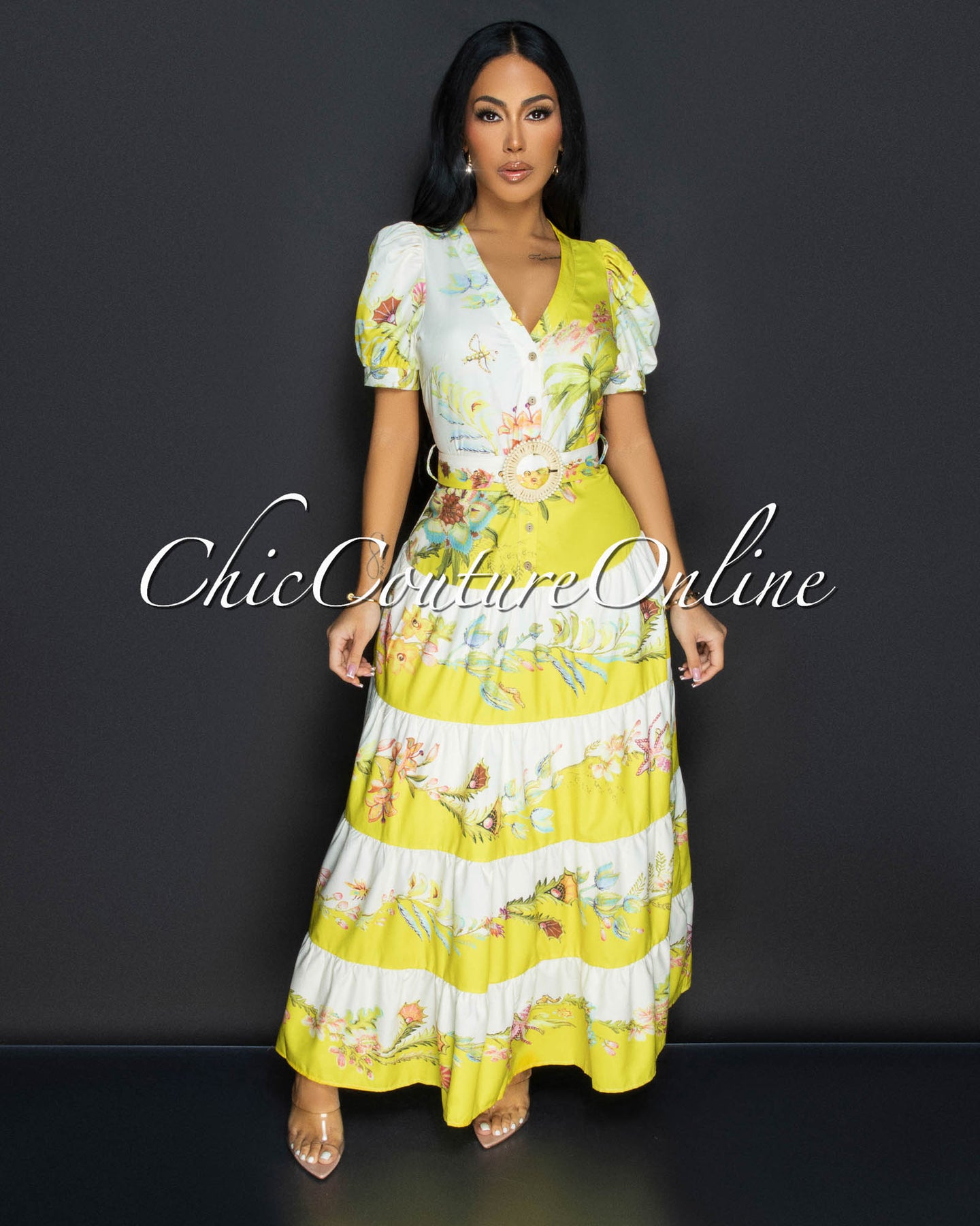 Pipola Lime Multi Floral Belted Ruffle Midi Dress