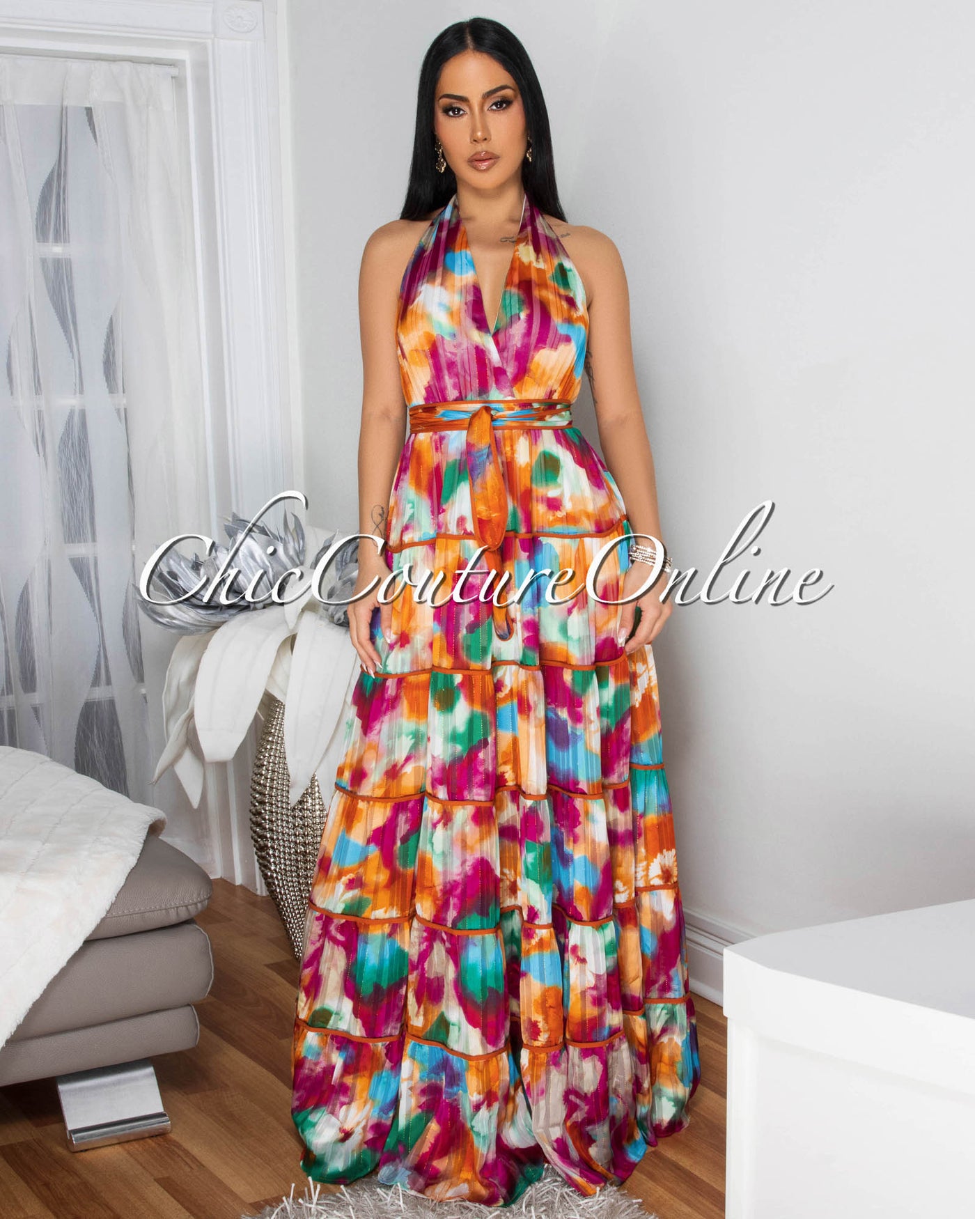 Kerisia Orange Multi-Color Halter Maxi Dress