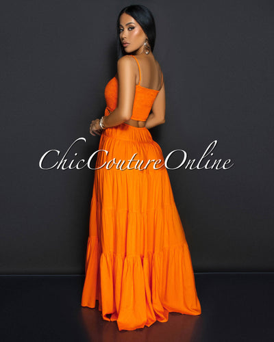 Kiri Orange Smocked Top Cut Out Ruffle Maxi Dress