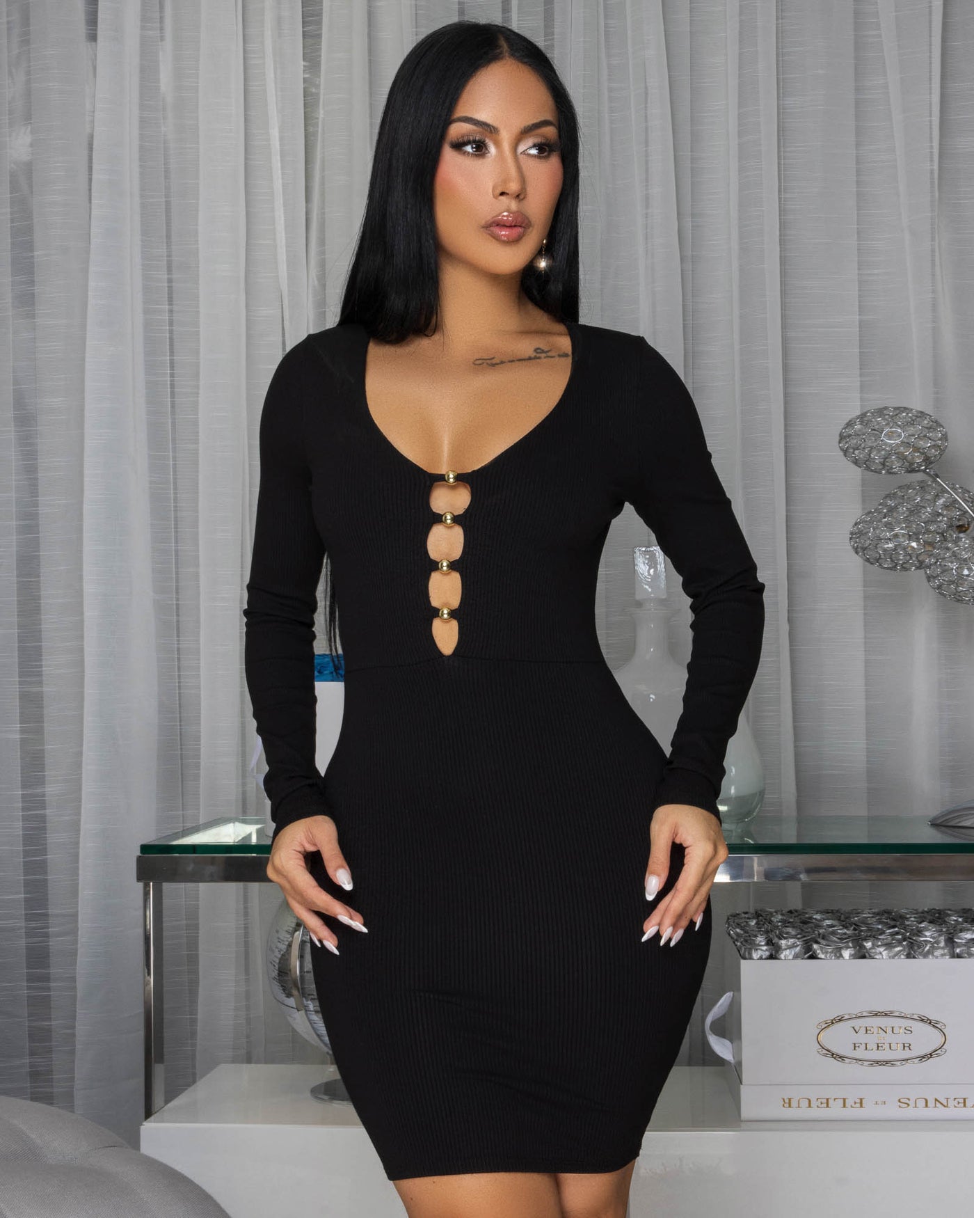 Nottola Black Body-Con Long Sleeves Dress