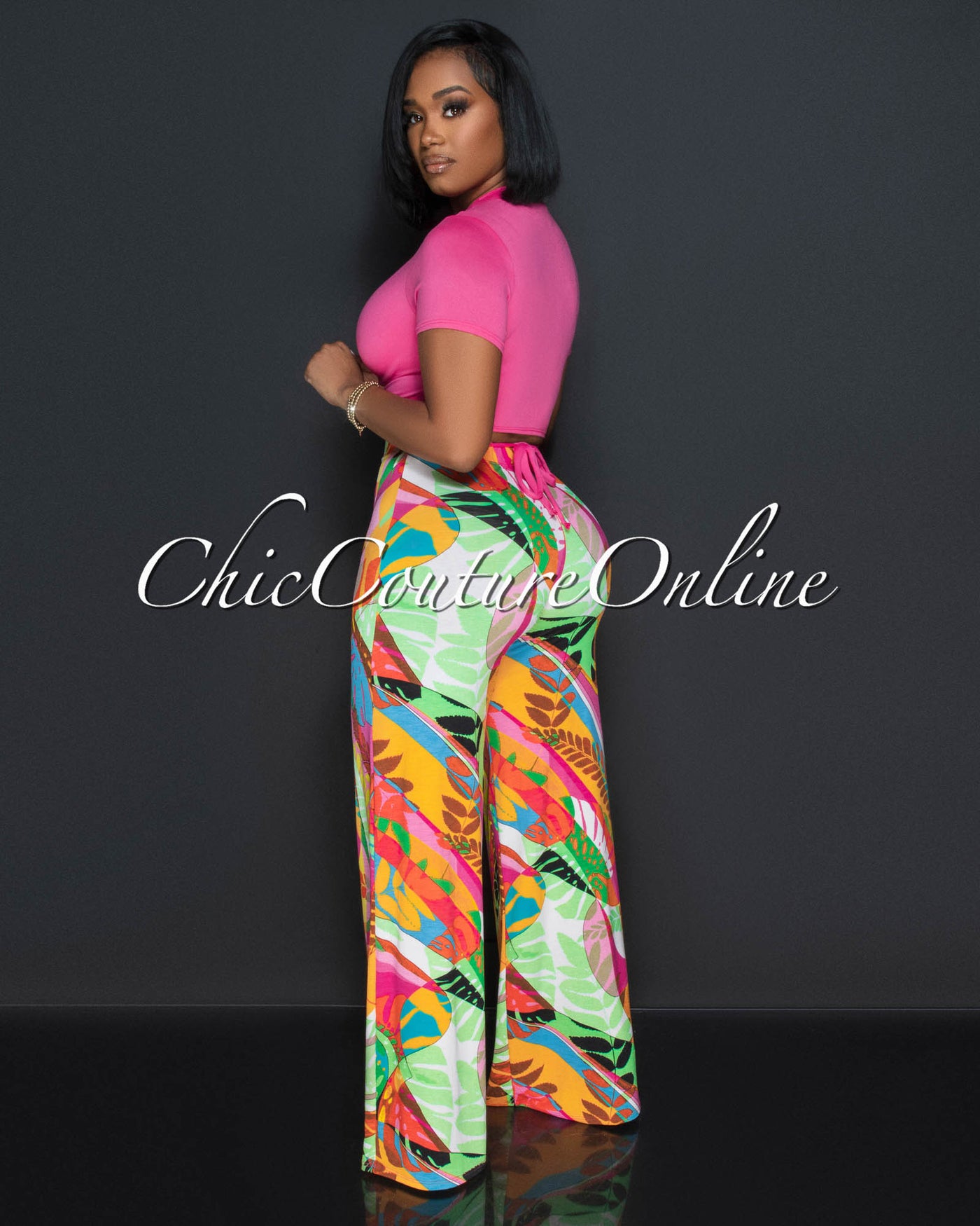 Maxine Fuchsia Crop Top & Multi-Color Print Wide Pants Set