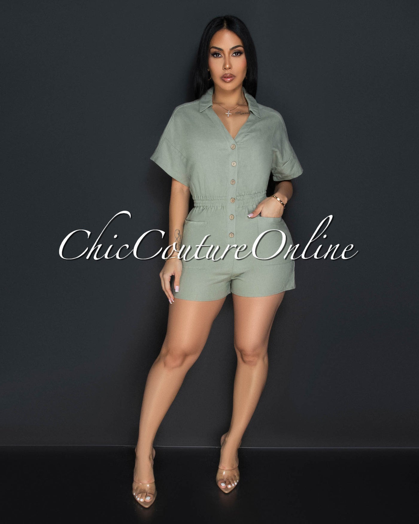 Cora Sage Green Front Buttons Linen Utility Romper