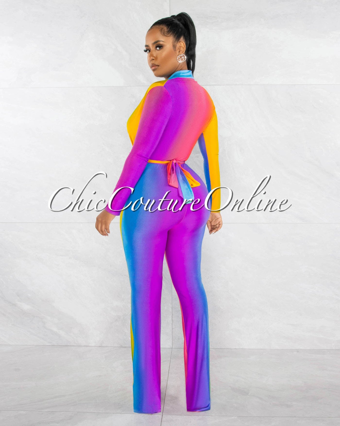 Cecilia Rainbow Multi-Color Ombre Deep V-Neck Jumpsuit