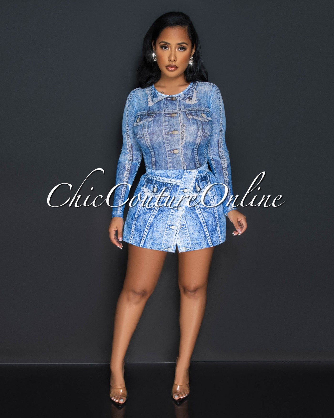 Elida Blue Denim Print Bodysuit & Skort Set