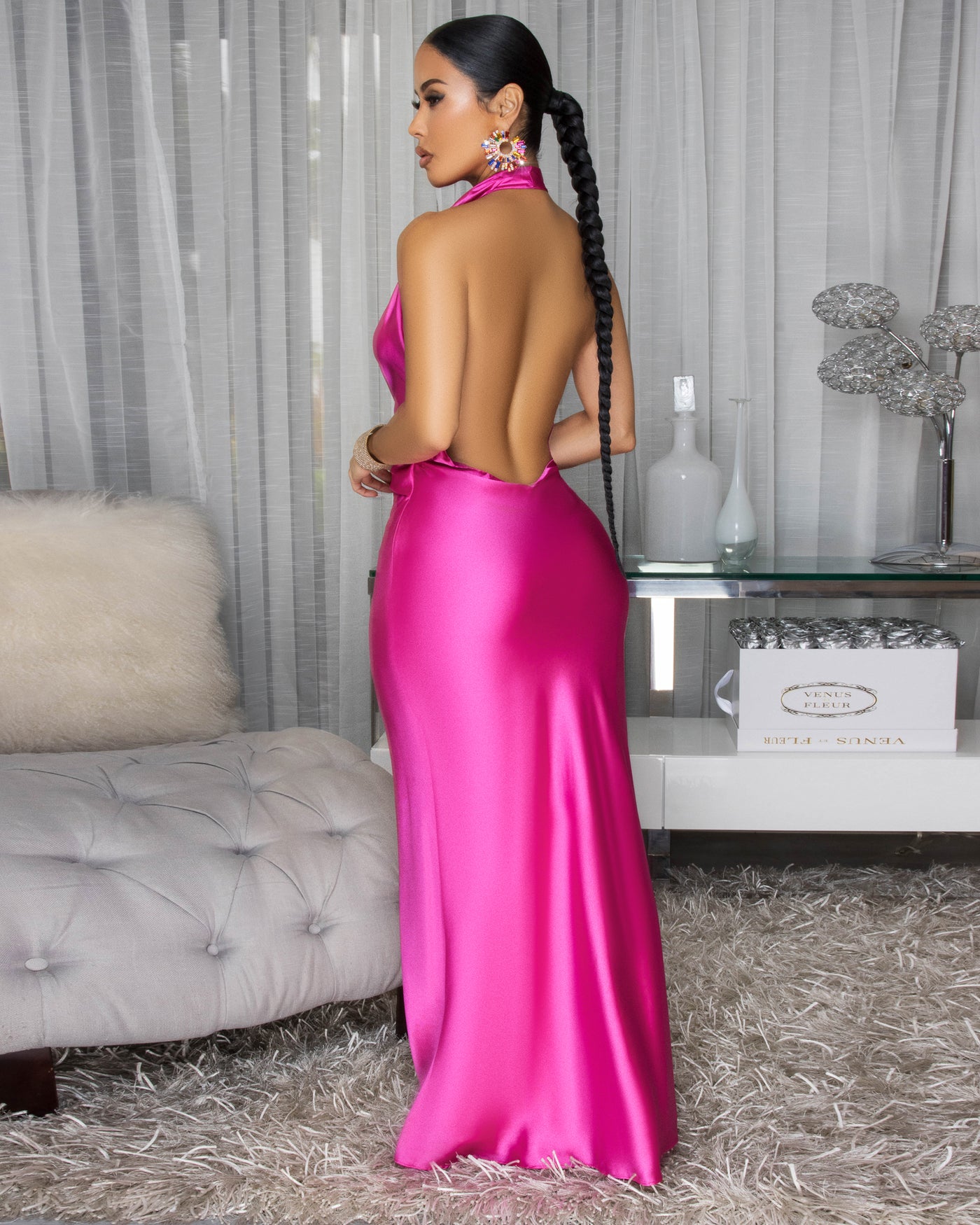 Dahlia Hot Pink Draped Halter Maxi Dress