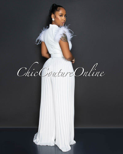 *Jamina Off-White Feather Shoulders Pleated Jumpsuit