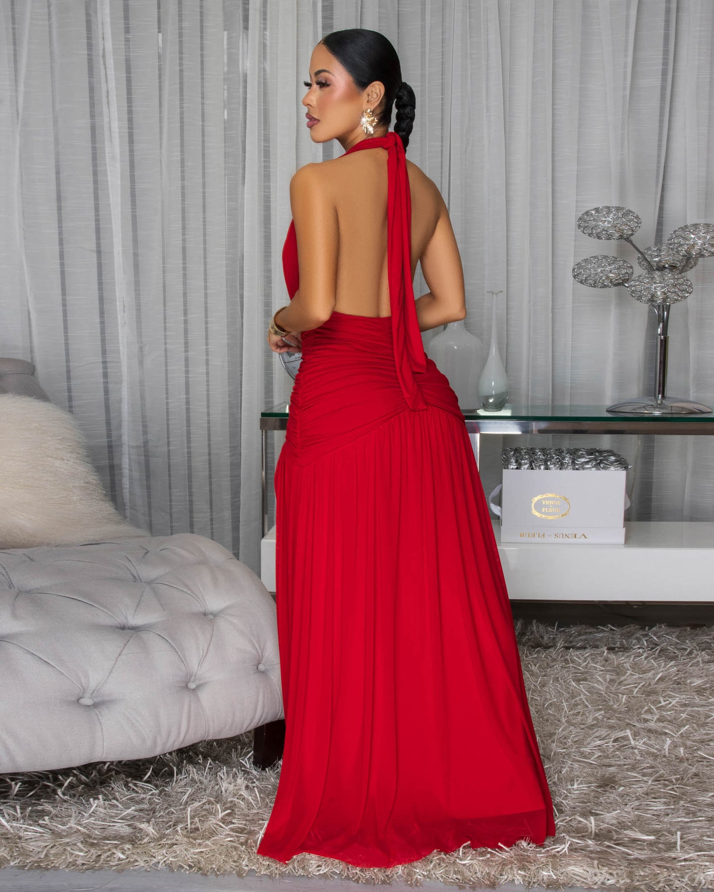 Santona Red Ruched Halter Maxi Dress