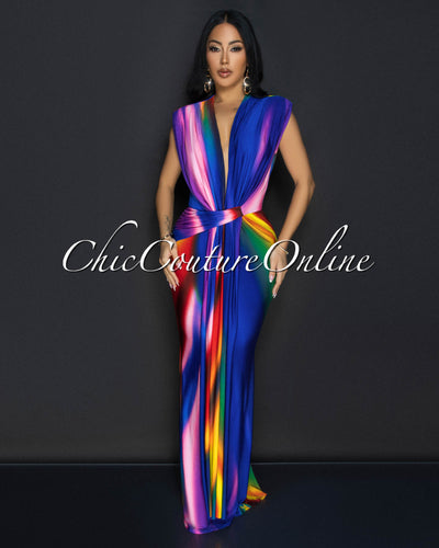 Alea Blue Multi-Color Sleeveless Deep V Neck Maxi Dress