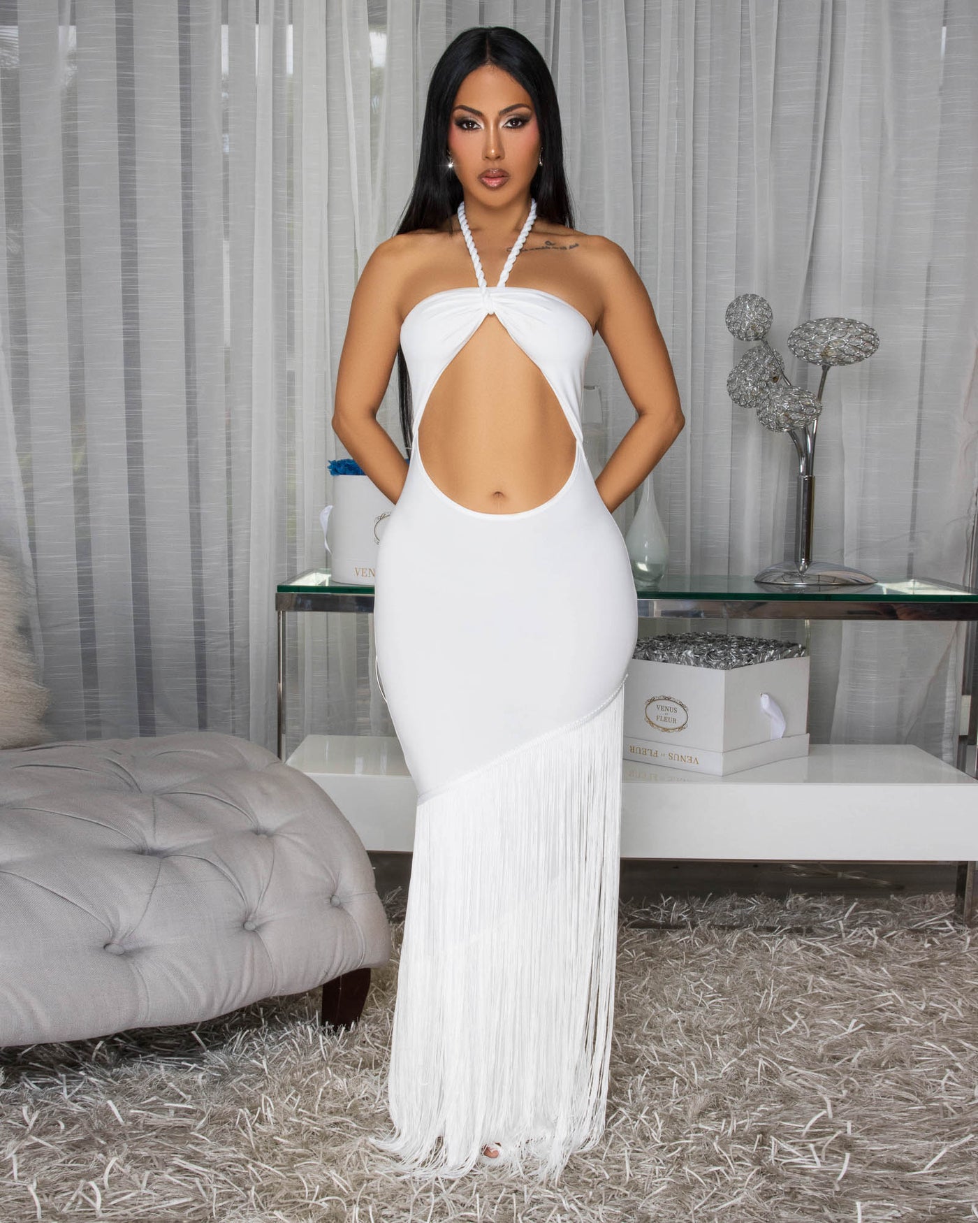Manae White Key-Hole Fringe Maxi Dress
