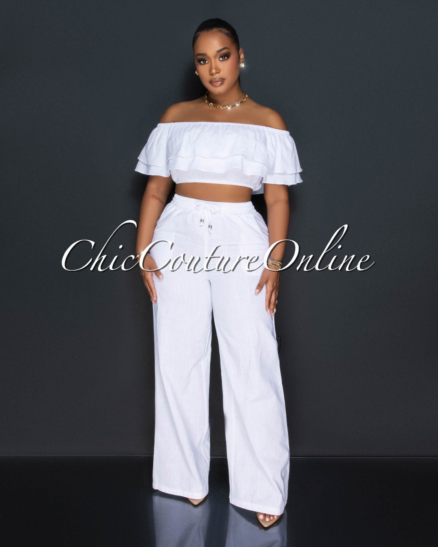 Yuri White Ruffle Crop Top & Wide Pants Set