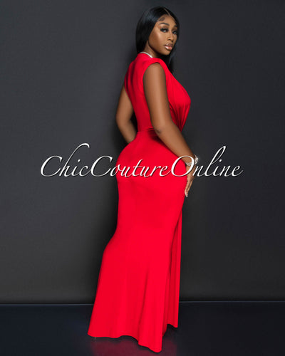 Alea Red Sleeveless Deep V Neck Maxi Dress