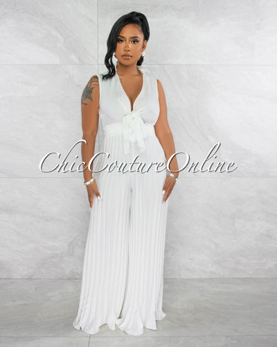 Glenis Off-White Front Tie Pleated Legs Silky Jumpsuit