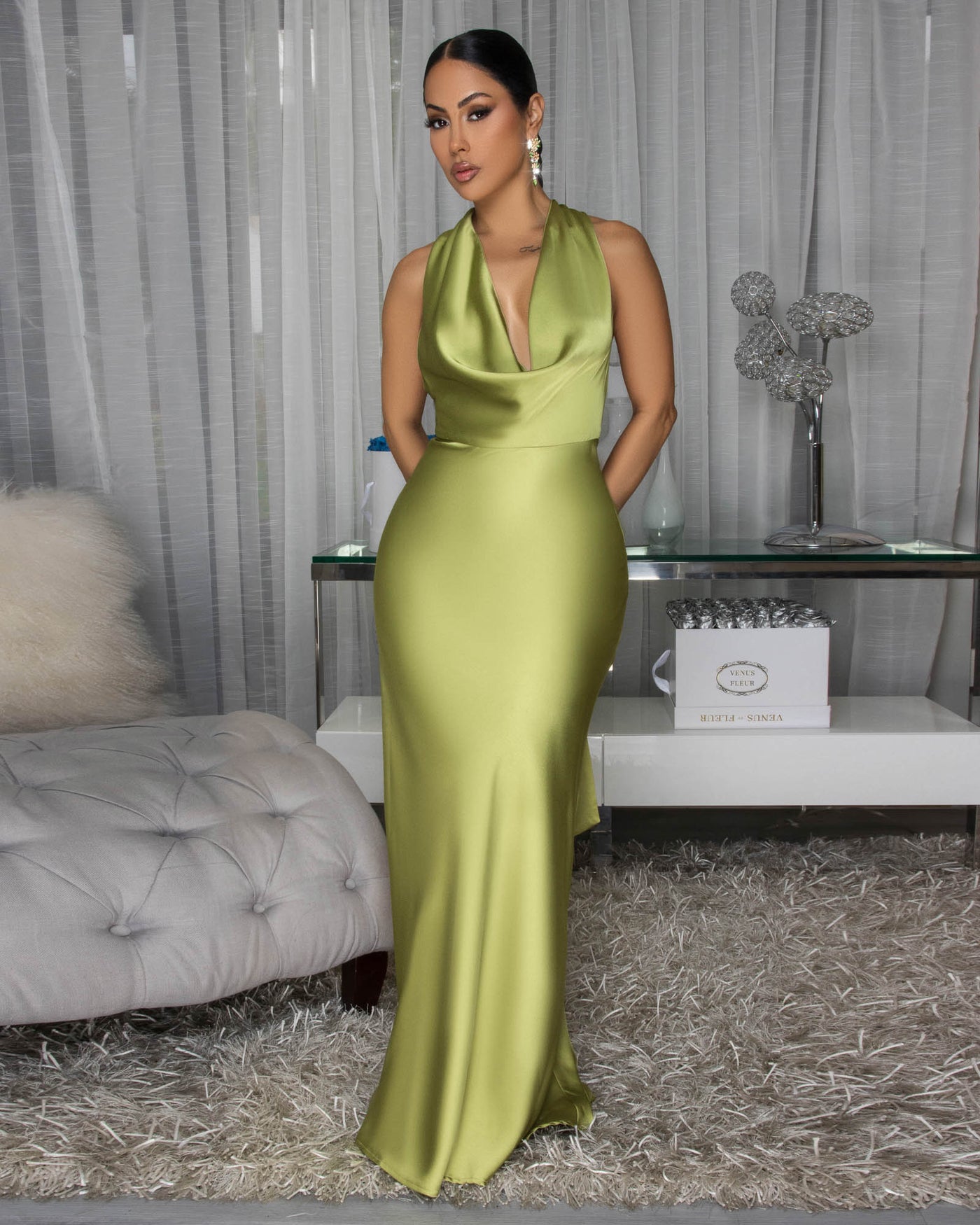 Serafina Chartreuse Draped Halter Maxi Dress