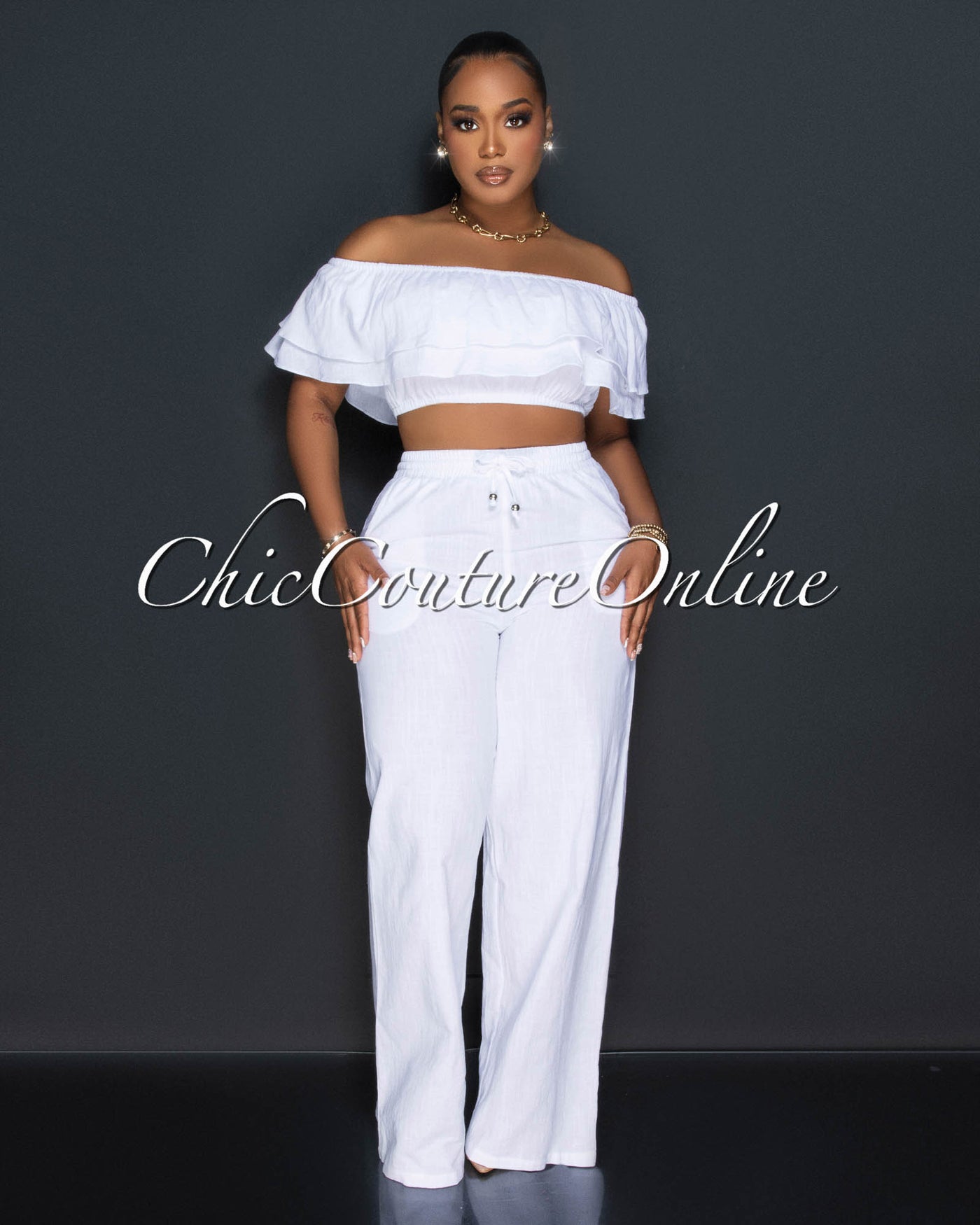 Yuri White Ruffle Crop Top & Wide Pants Set