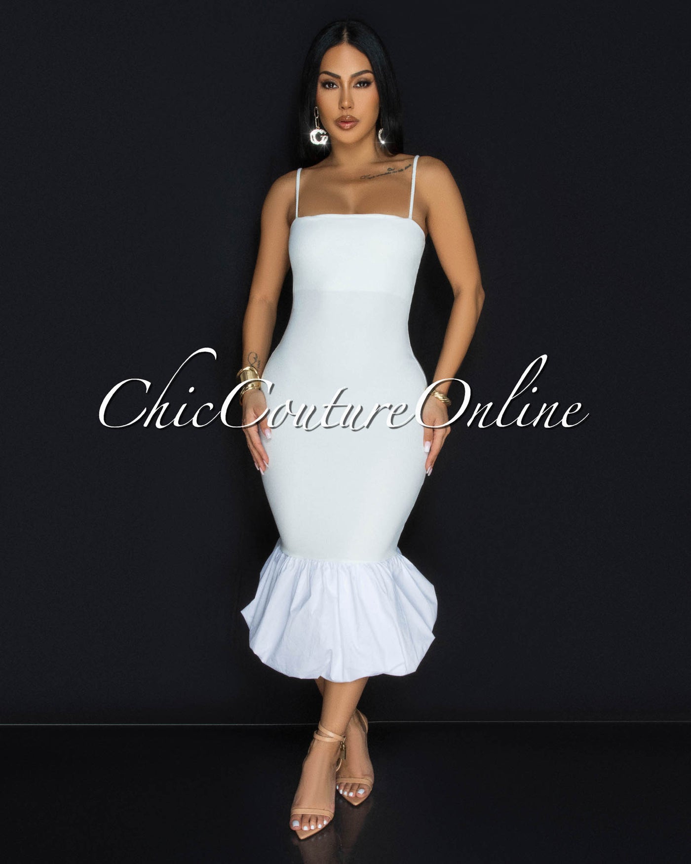 Maloune White Ribbed Bubble Midi Dress