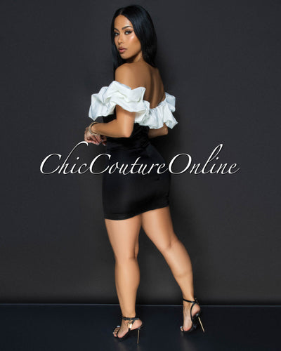 Cassana Black Off-White Ruffle Top Mini Dress