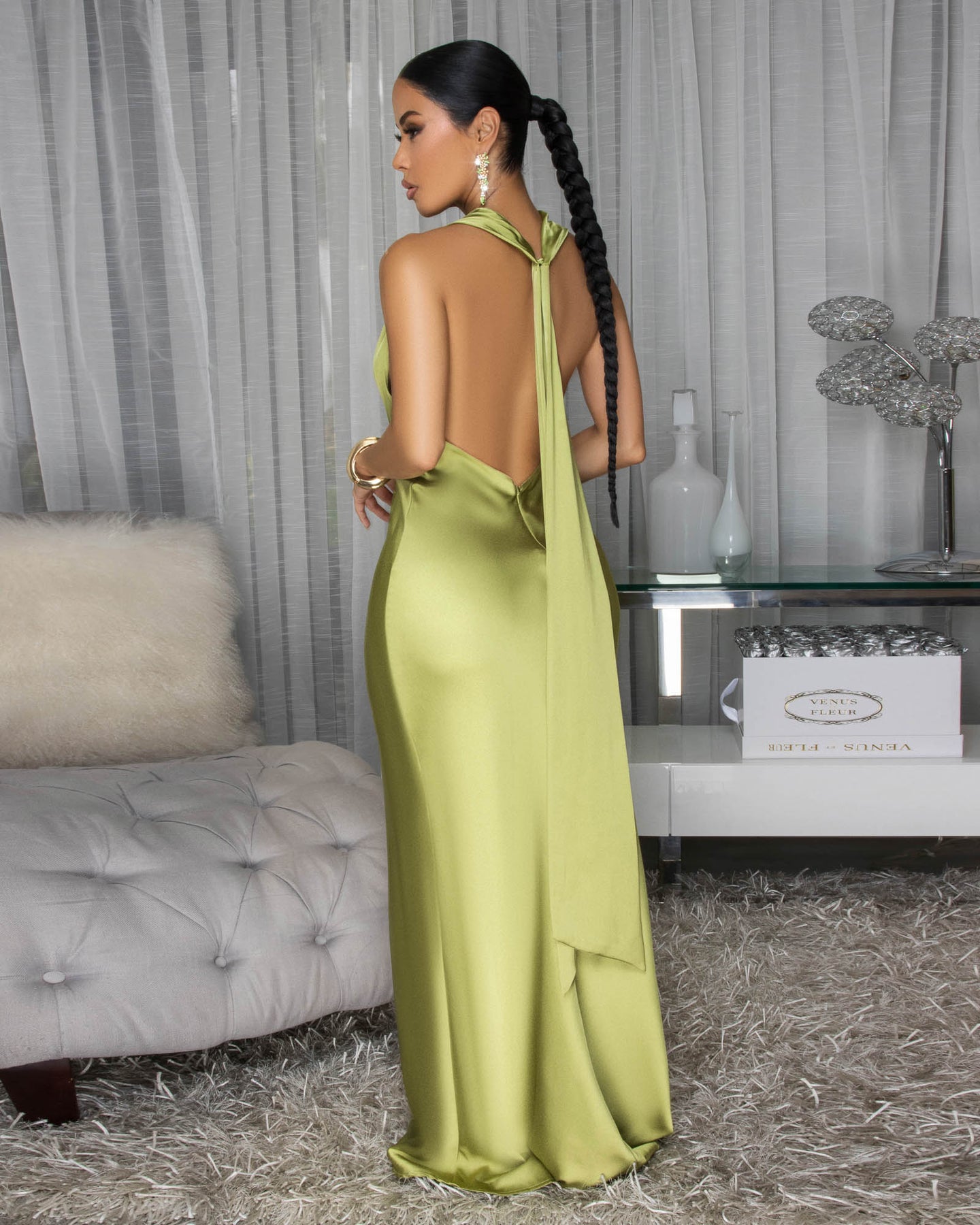 Serafina Chartreuse Draped Halter Maxi Dress
